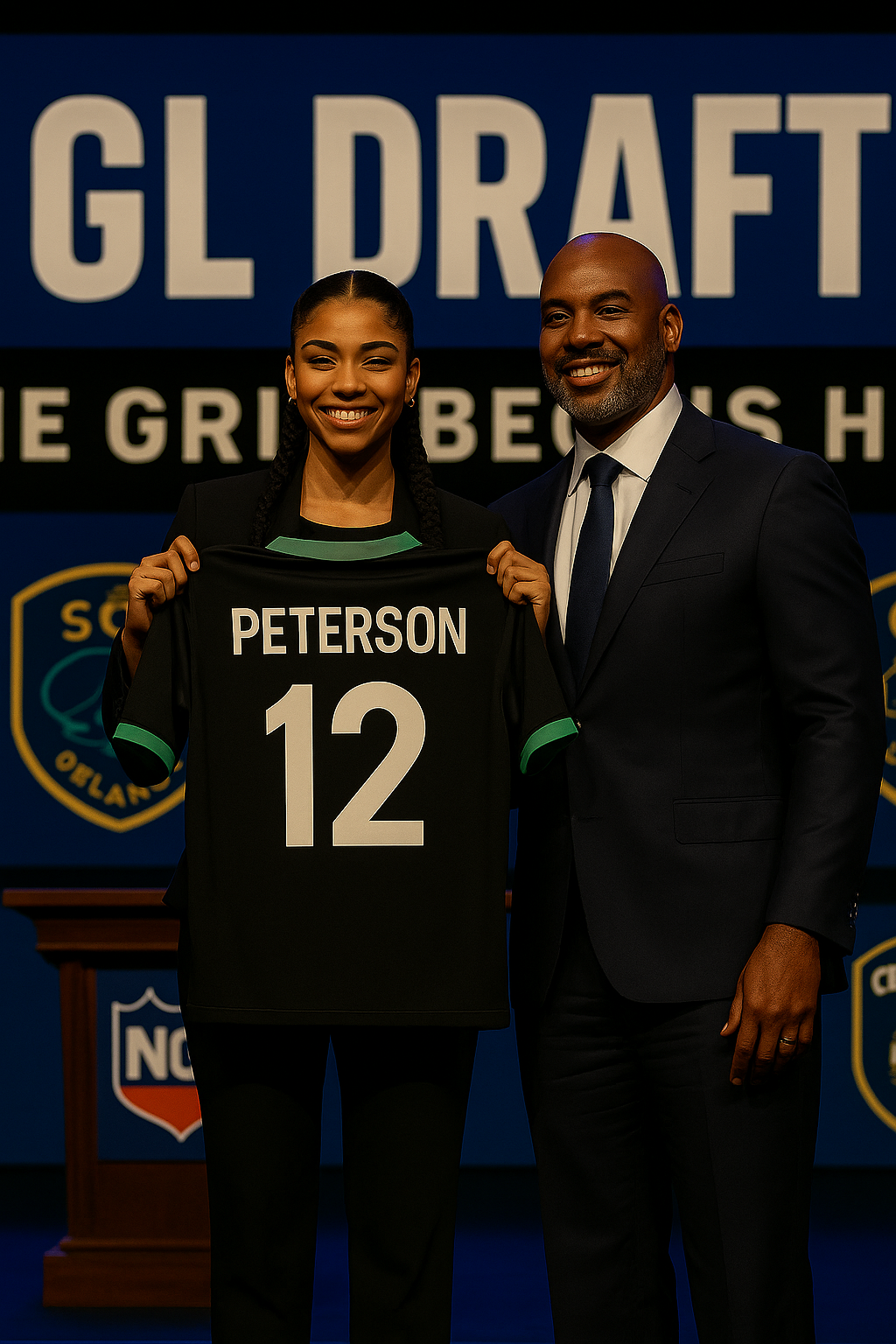Peterson holds up jersey on NGL draft night