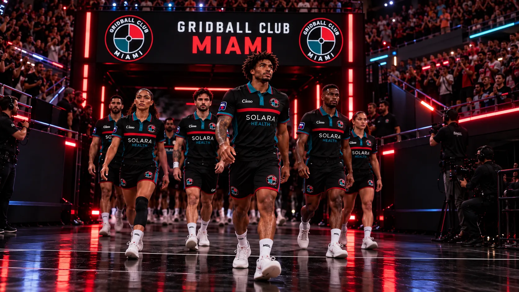 Concept rendering of Miami club players in black, teal and red collared polos walking out of the tunnel