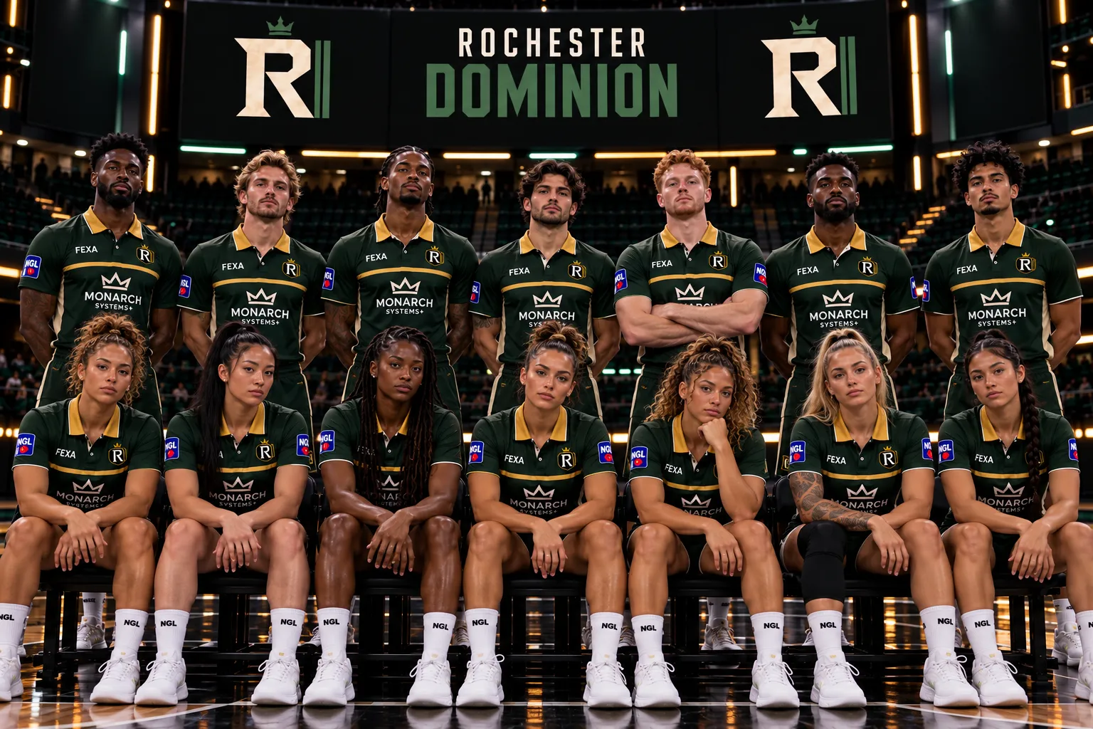 Concept rendering of a full Rochester roster: seven men standing and seven women seated, in green and gold home kits