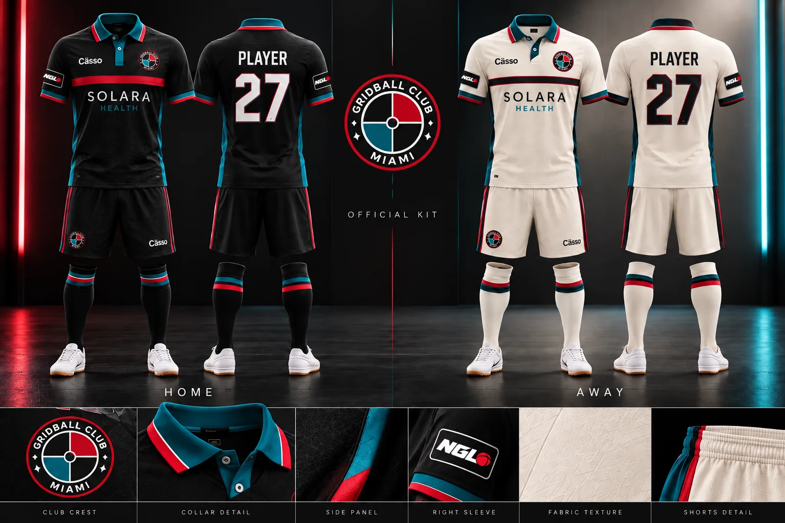 Concept Miami kit built on the NGL template: black home and cream away collared polos and shorts, front and back, with crest, collar, sleeve patch and fabric details