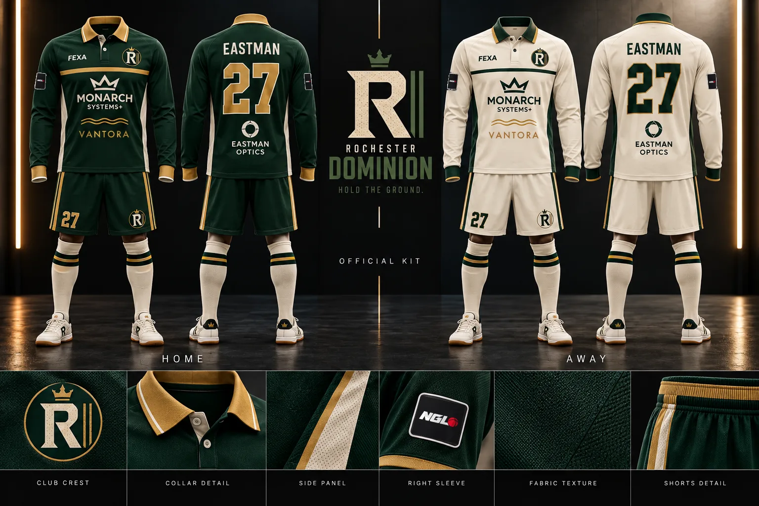 Concept Rochester kit built on the NGL template: forest green home and cream away long-sleeve collared polos and shorts with gold trim, front and back, with crest, collar, sleeve patch and fabric details