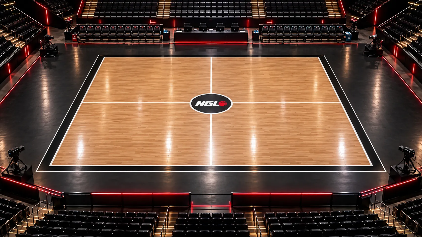 Concept rendering of an empty purpose-built Gridball arena with team benches and a scoring table beyond the court
