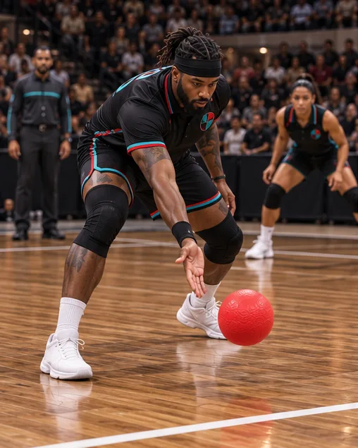 Concept rendering of a Miami player in the black home kit serving underhand, releasing the red ball low across a hardwood court