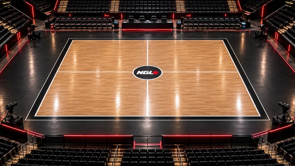 Concept rendering of an empty arena with a hardwood Gridball court and the NGL logo at center court