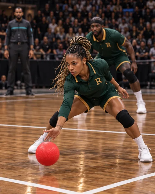 Concept rendering of a player stretching low to return the red ball with an open hand