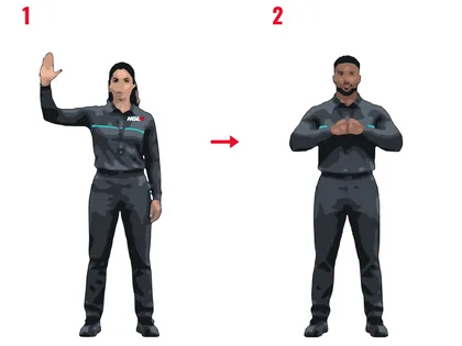 Two-step illustration of an Officiator holding one arm at a right angle, then pressing both fists together